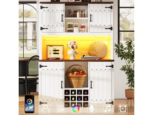 Buffet haut de cuisine 120x40x180 cm – blanc – led rgb, étagères réglables et casier à bouteilles