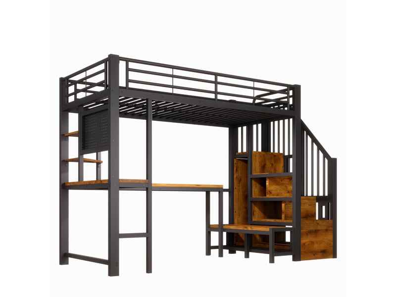 Lit mezzanine 90x200 cm avec bureau, rangements, led et prises usb, noir, moderne - Conforama E