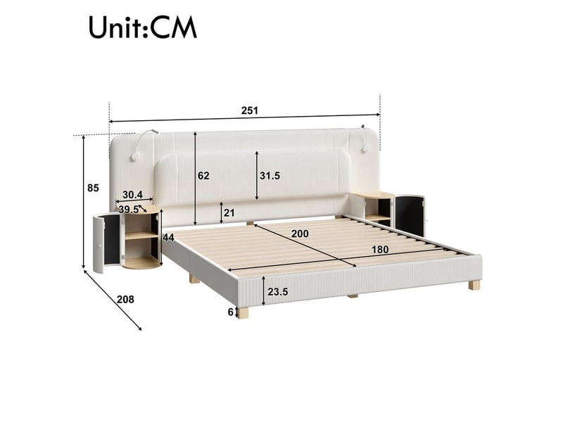Lit double 180 x 200 cm en velours côtelé - lit adulte avec 2 chevets et lampes de chevet - mdf - beige(sans matelas) - Conforama C