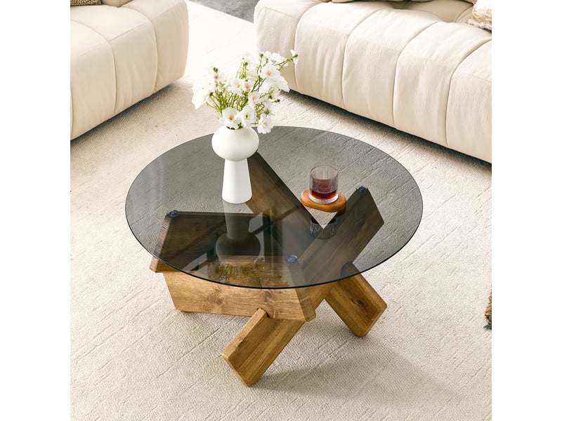  Table basse ronde plateau en verre trempé piètement géométrique - lpospi - pour salon mdf et verre - bois  - Conforama C