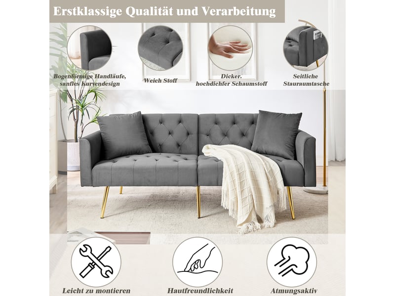  Canapé 2 places, canapé de salon, en velours, gris, dossier réglable 3 positions, 2 coussins inclus, design moderne, pieds en métal  - Conforama E