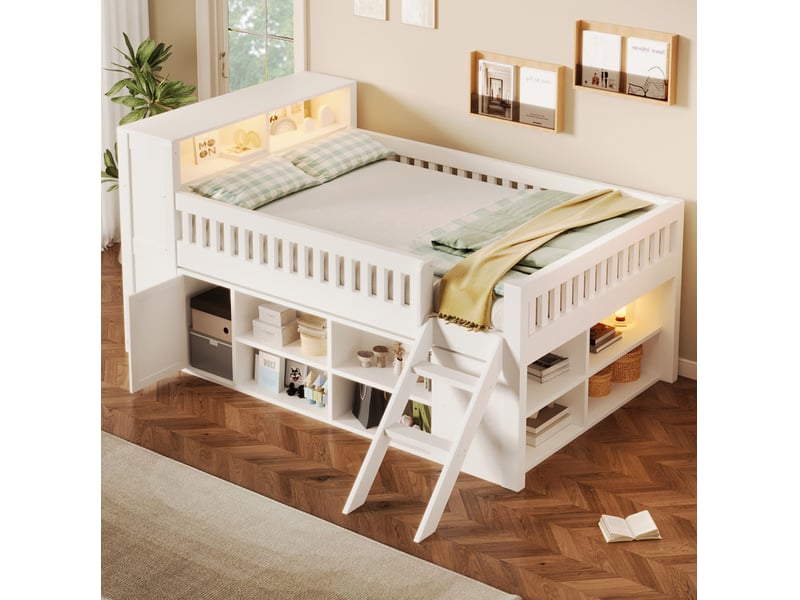 Lit surélevé 140x200 cm blanc avec rangements et éclairage led - Conforama D