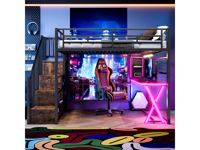  Lit mezzanine 140 x 200 cm avec bureau, armoire, led et escalier avec rangement, lit double en métal noir avec étagères et garde-corps  - Conforama C