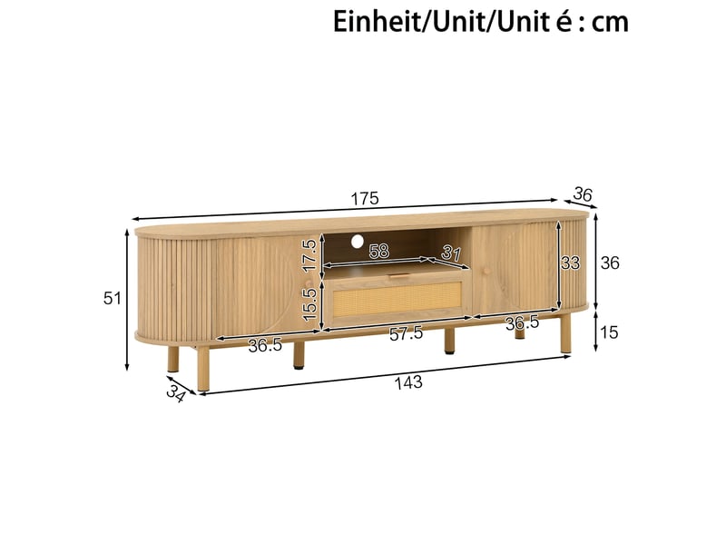  Meuble tv modenvie modulable avec rangement et passe-câbles 175 x 36 x 51 cm mdf bois naturel  - Conforama C