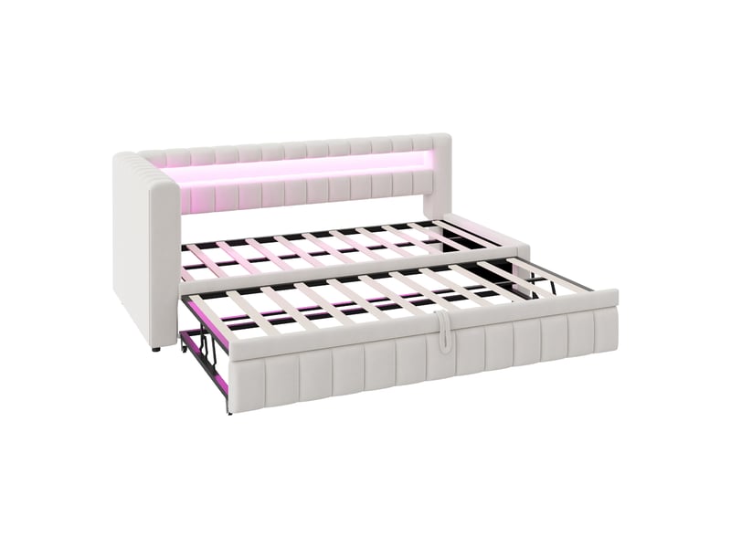  Lit extensible 90 × 200 cm led, usb et usb-c en velours - beige C-CRAFTLINK - Conforama E
