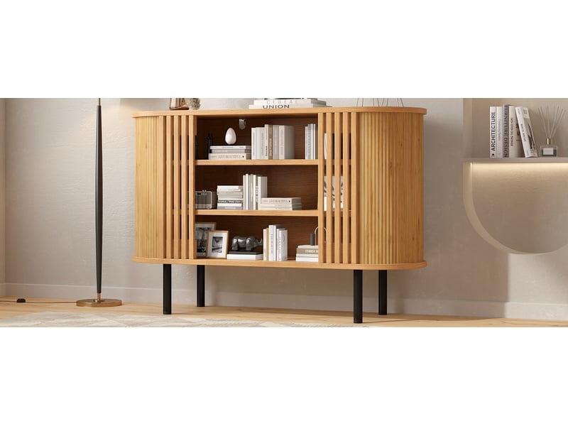  Buffet 120 x 40 x 80 cm avec 3 compartiments ouverts, pieds métalliques réglables, mdf et panneaux de particules, coloris bois naturel  - Conforama D