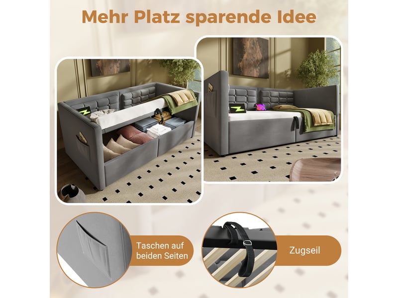  Lit coffre gris 90 x 200 cm en velours avec sommier relevable à vérins  - Conforama E