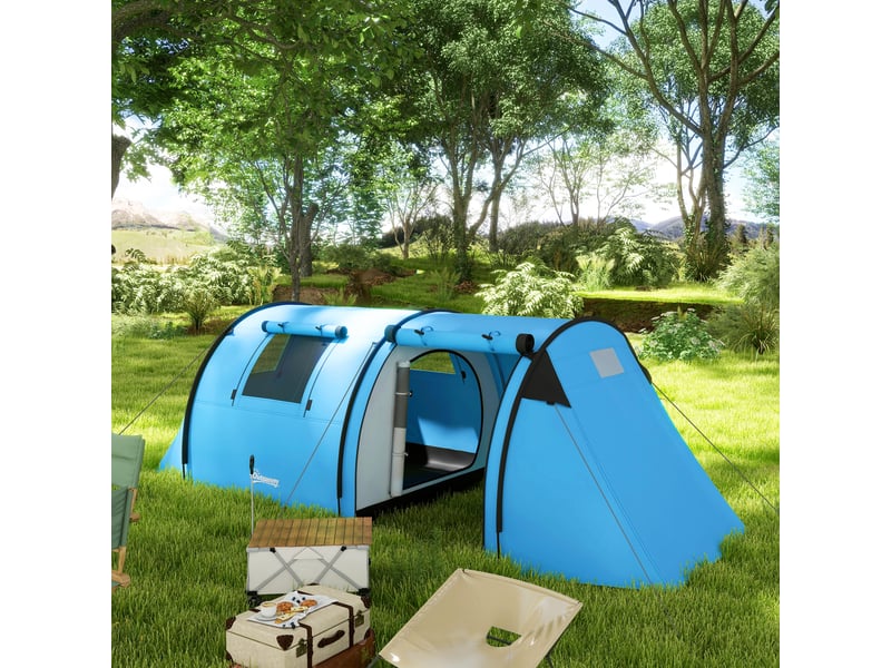  Tente de camping pour 3-4 personnes, stable, imperméable, familiale avec chambresalon, imperméabilité 3000 mm, bleu ciel  - Conforama C