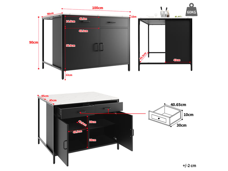  Ilot de cuisine 2 portes 2 tiroirs coloris noir Îlot de cuisine noir - Conforama C