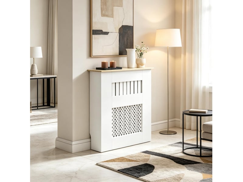  Cache-radiateur blanc 78 x 19 x 81 cm en mdf, plateau effet bois clair et motif ajouré, pour votre intérieur  - Conforama E