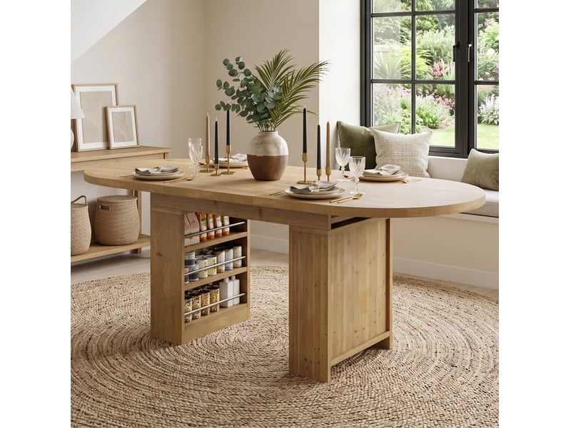 Table de salle à manger extensible pour 6 à 8 personnes avec rangements ouverts, style scandinave en mdf chêne clair  - Conforama D