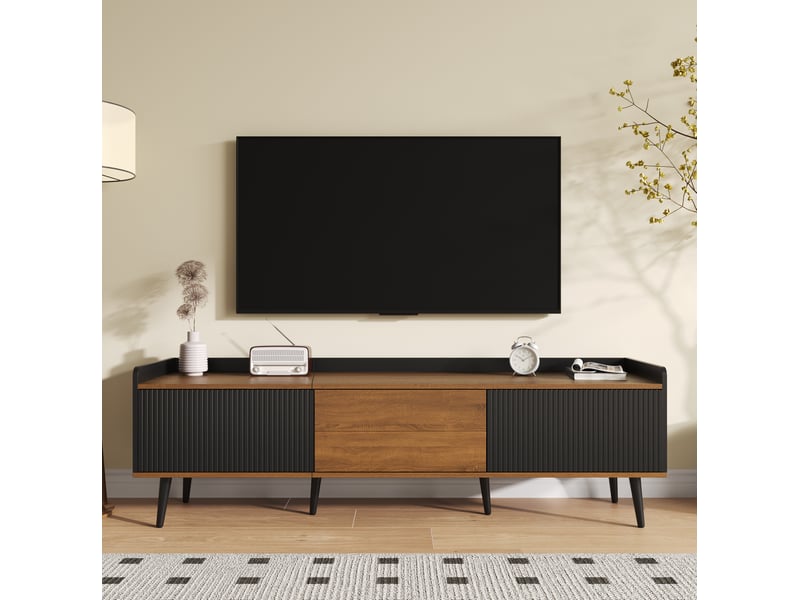  Meuble télévision 160 x 39 x 49,5 cm 3 portes rangement sécurisé pieds strié mdf et particules noir et naturel  - Conforama R