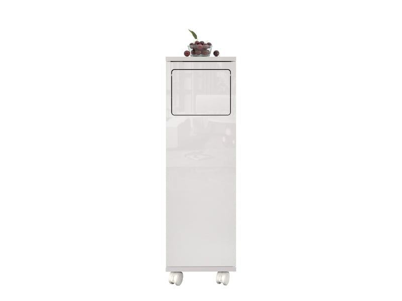 Meuble poubelle 24,2x35,1x80,2 cm, blanc brillant mdf, 1 porte sur roulettes, support sac inox intégré - Conforama A
