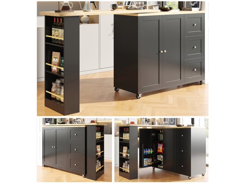  Îlot de cuisine pivotant 360° 135x39x106 cm sur roulettes mdf noir  - Conforama E