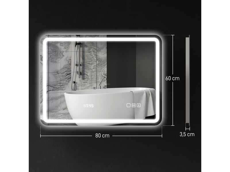  Miroir salle de bain bluetooth avec éclairage led 60 x 80 cm, miroir lumineux mural avec horloge, antibuée, argenté  - Conforama C