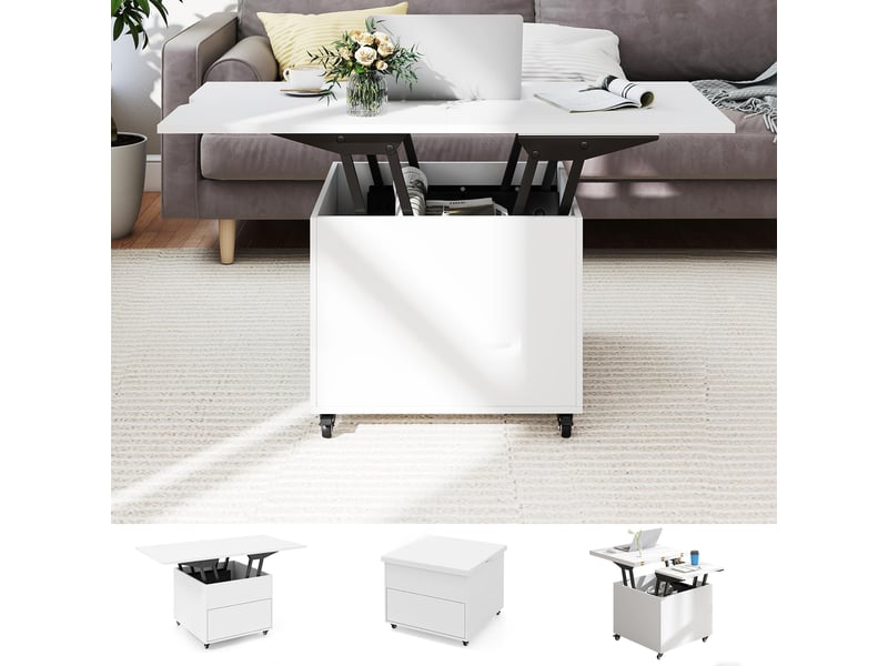 3 en 1 table basse relevable avec roulettes, table basse extensible à manger salon hauteur réglable avec tiroir rangement,60-120x60x50-66cm (blanc) - Conforama A