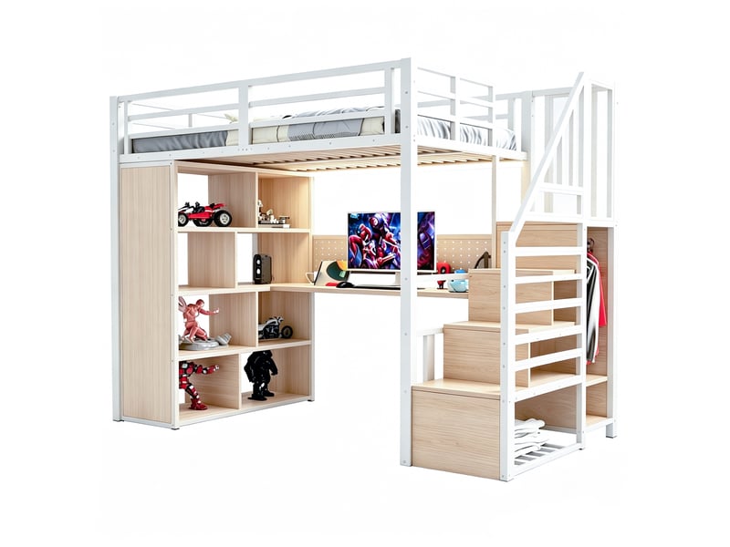  Lit mezzanine 90x200 cm avec bureau, rangements et led blanc  - Conforama A