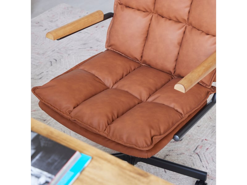  Fauteuil de bureau ergonomique en cuir marron avec accoudoirs en chêne, pivotant et réglable  - Conforama W
