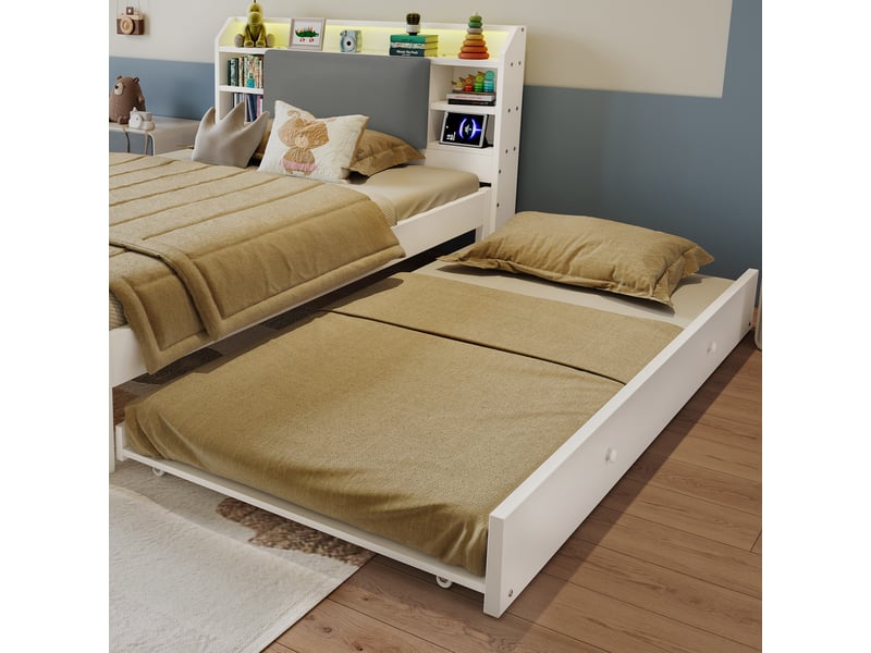  Lit en bois blanc 120x200 cm avec lit gigogne 90x190 cm, tête de lit capitonnée et led  - Conforama W