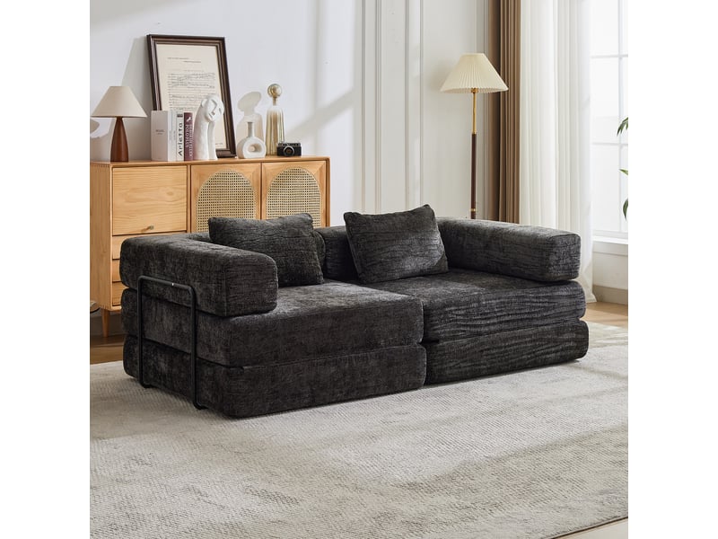  Canapé d'angle, canapé convertible, en tissu chenille, noir, pour salon, mobilier pour espace de vie, chambre  - Conforama A