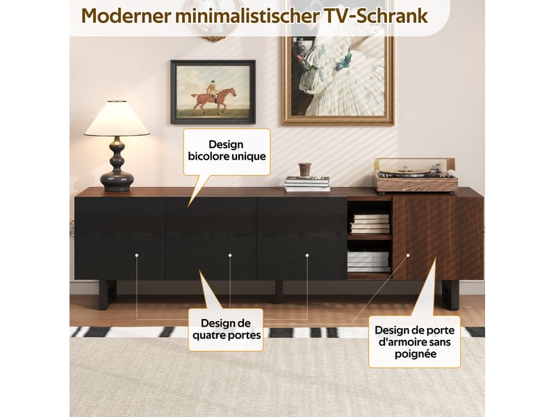  Meuble tv 180x38x50 cm design minimaliste avec portes laquées noir et motif bois chaleureux, mdf, noir et naturel  - Conforama E