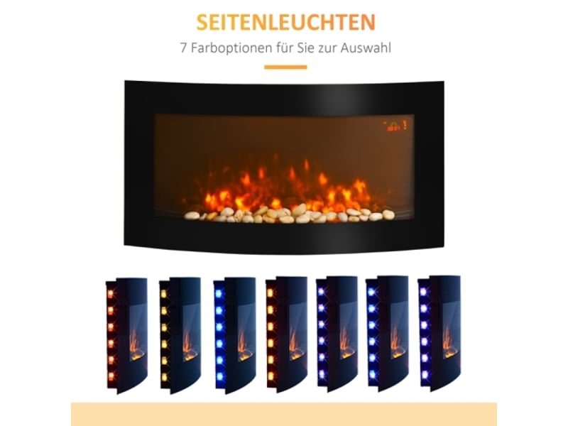  Cheminée électrique murale noire 10002000 w, flammes led 7 couleurs, télécommande  - Conforama D