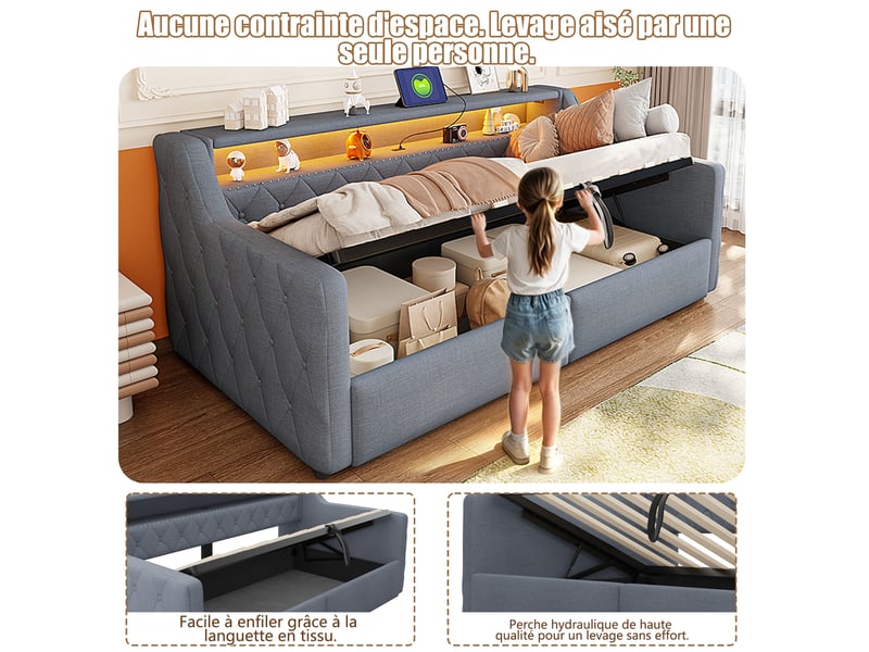  Lit coffre hydraulique 90x200 cm avec led, usb et usb-c, tissu lin gris, structure mdf, sans matelas  - Conforama E