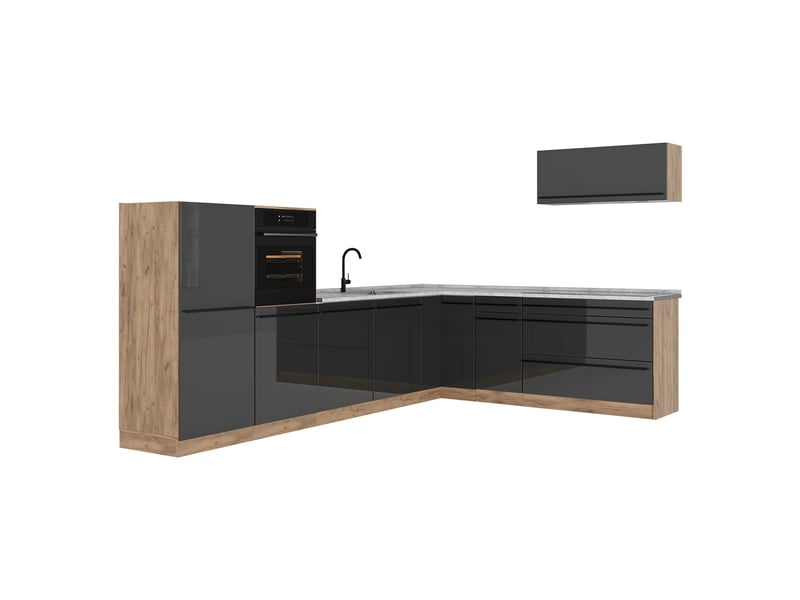  Vicco cuisine en angle, anthracite haute brillancechêne doré, 327 x cm plan de travail marbre  - Conforama A