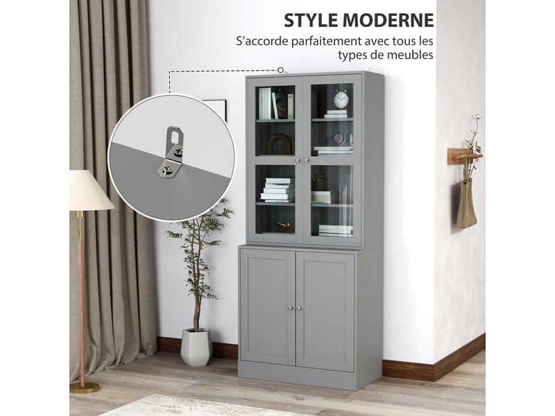 Bibliothèque vitrine, meuble de rangement à 6 niveaux avec 4 portes dont 2 en verre trempé, étagères réglables, gris - Conforama E