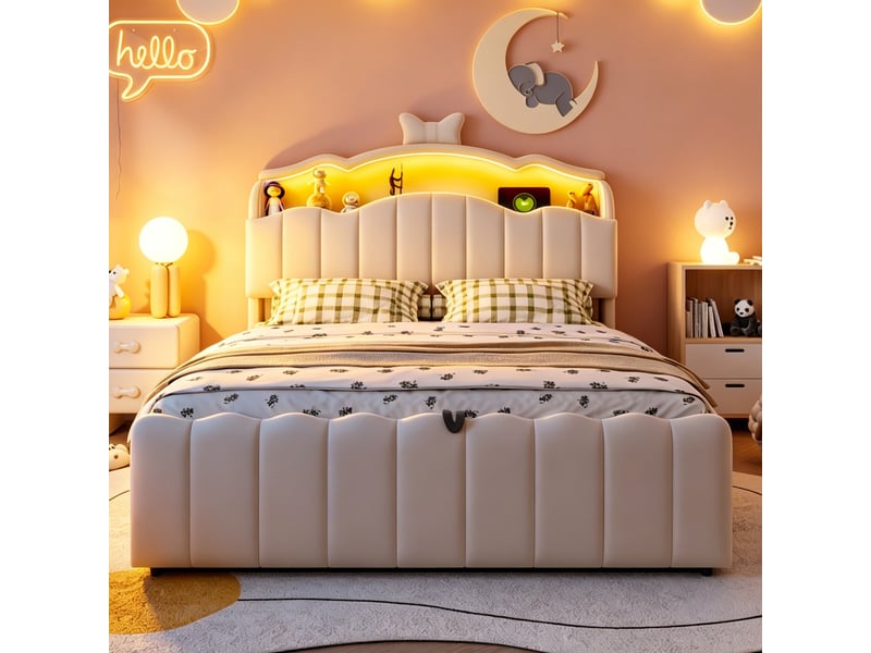  Lit coffre 140x200 cm - lit enfant 140x200 - lit double en velours avec led rgb, prises usbtype-c &amp; tête rabattable - blanc  - Conforama C