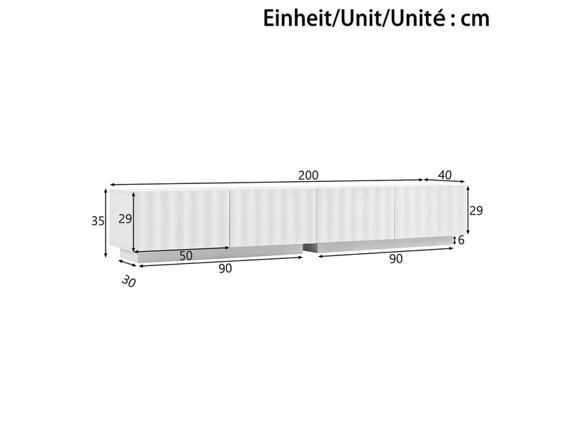Meuble tv 200x40x35 cm, 1 tiroir, passe-câbles, push-to-open, façades texturées, grand rangement, mdf et pb pour salon - blanc - Conforama C