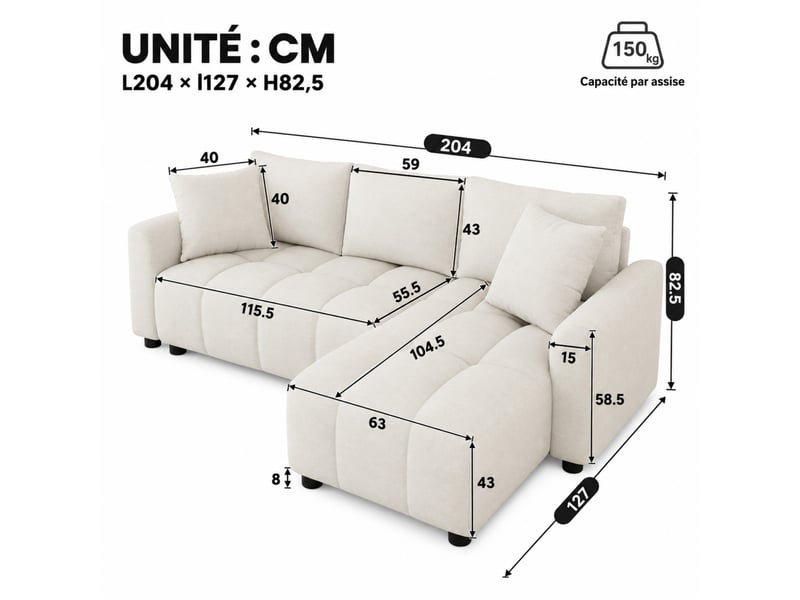  Canapé d’angle modulable, 3 places, avec 2 coussins et coffre de rangement beige en chenille  - Conforama C