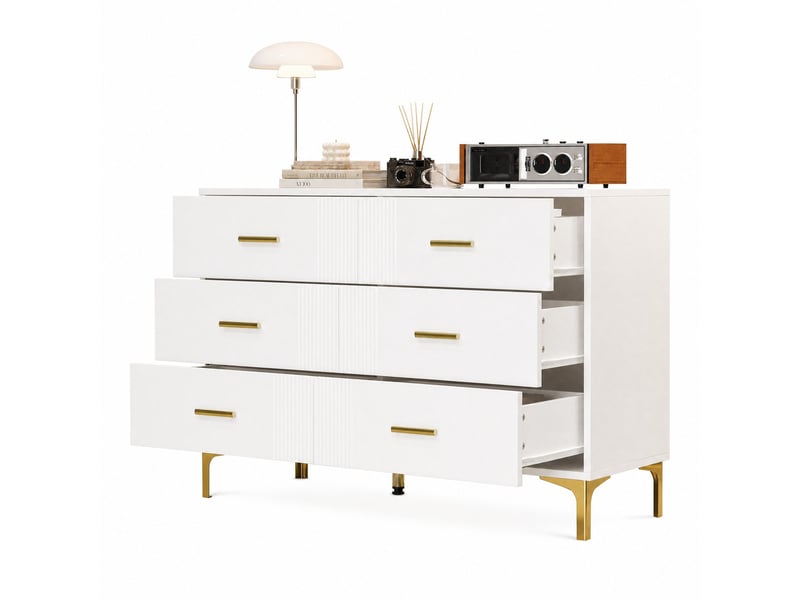  Commode avec 6 tiroirs 120 x 40 x 76 cm, blanc, mdf, façades rainurées, poignées et pieds dorés  - Conforama A
