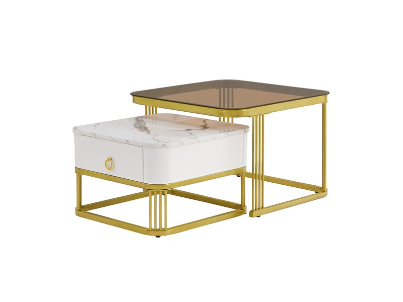  Tables basses gigognes avec 1 tiroir, plateau effet marbre brillant et verre brun, en mdf, blanc et or - uvrion  - Conforama A