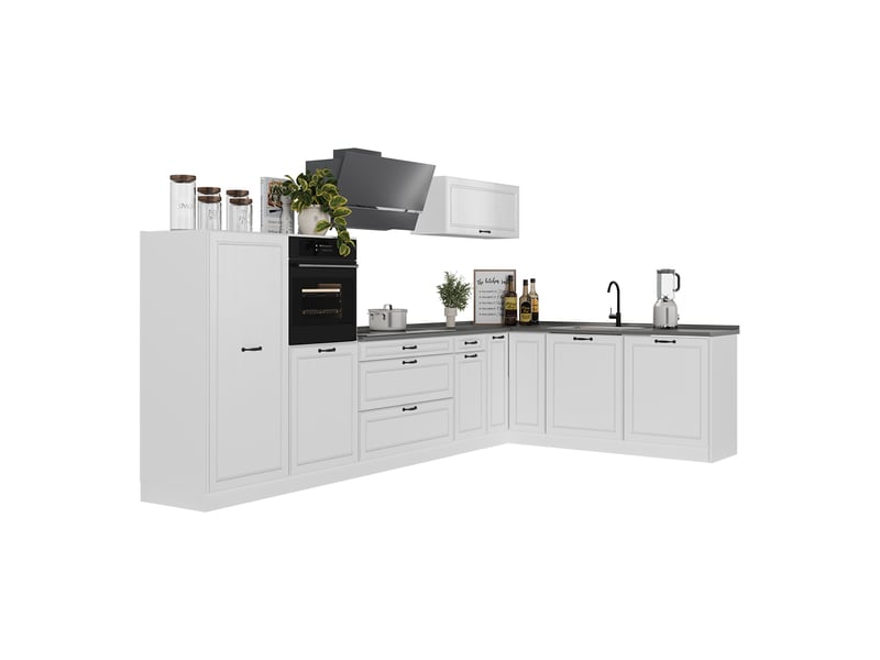 Vicco cuisine en angle, blanc campagneblanc, 347 x cm plan de travail marbre - Conforama E