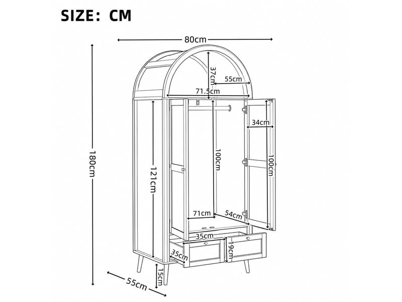  Armoire tcqpz 2 portes 2 tiroirs 80 x 55 x 180 cm avec penderie et niche ouverte mdf effet noyer beige effet rotin  - Conforama C