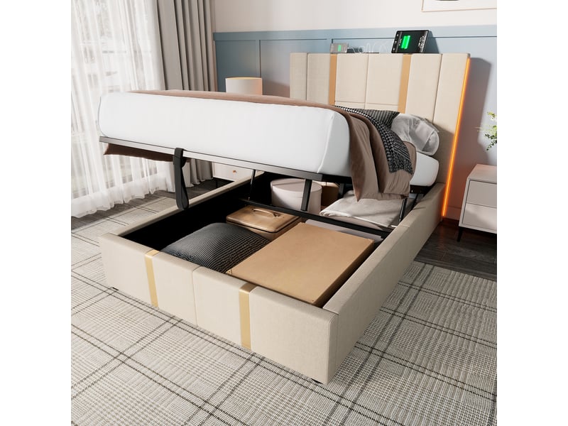  Lit coffre 90x200 cm en lin, lit simple avec rangement, usb, type-c et led réglable, matelas inclus, beige  - Conforama C