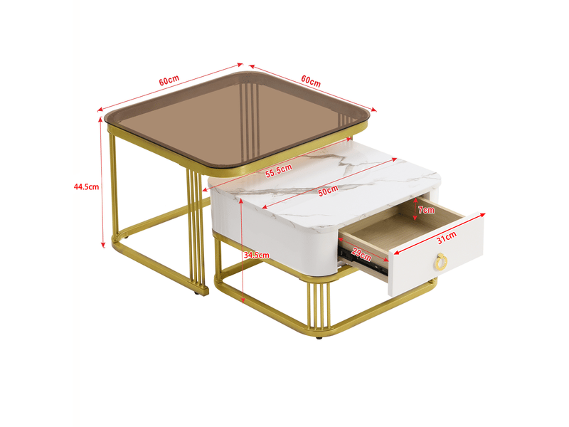  Tables basses gigognes 2 pièces – mdf effet marbre, verre brun et détails dorés – 60 x 60 cm  - Conforama D