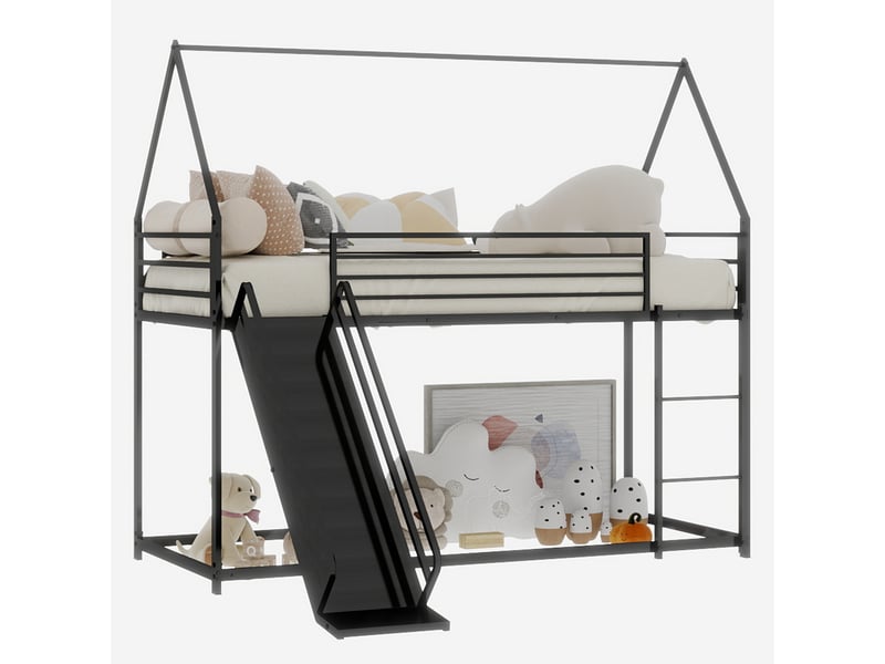  Lit superposé 90x190 cm forme maison avec toboggan, métal, noir, sans matelas  - Conforama A