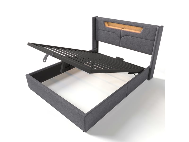  Lit coffre 135 x 190 cm, tête de lit rembourrée, led réglable, gris lin  - Conforama A