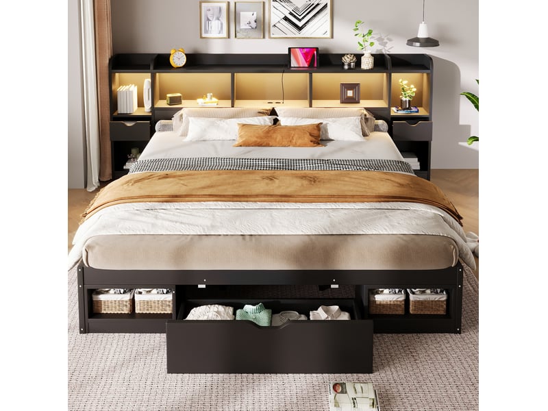 Lit plateforme 180 × 200 cm avec 3 tiroirs, rangements, éclairage led et port usb en mdf noir pour chambre - Conforama B
