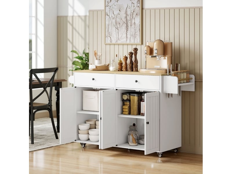  Îlot de cuisine mobile avec 2 tiroirs et 2 placards 147x43x89 cm blanc  - Conforama D