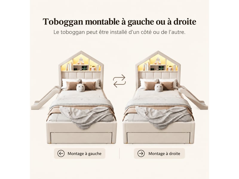 Lit enfant rembourré 90 x 200 cm avec toboggan, led, port de charge, rangement et coffre, beige - Conforama D