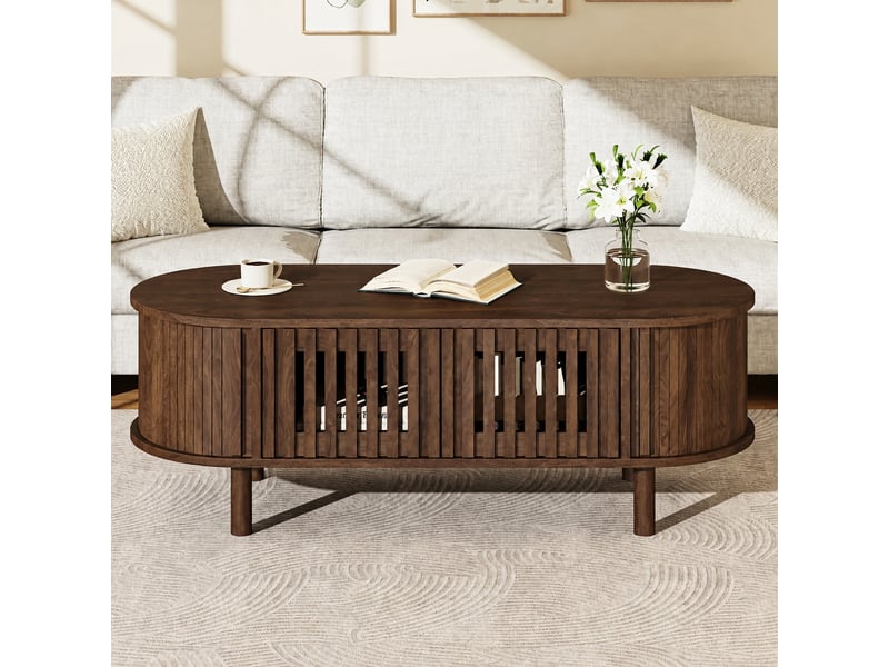  Table basse ovale pour salon avec rangement fermé, 100 x 40 x 38 cm, couleur noyer  - Conforama C
