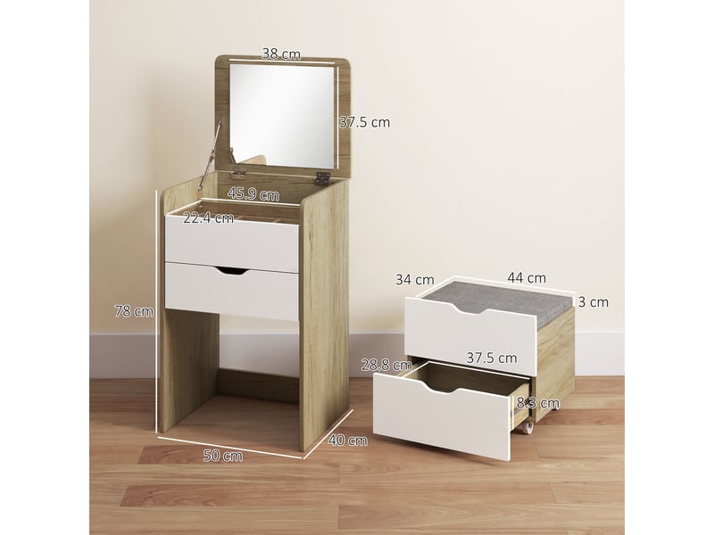  Station de maquillage 3 en 1 avec miroir pliant et tabouret, chêne blanc  - Conforama E
