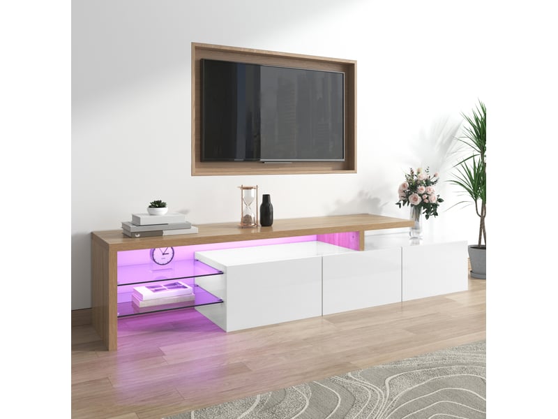  Meuble tv modenvie moderne 197,5 x 39 x 42 cm mdf et verre blanc et décor bois led 7 couleurs  - Conforama B