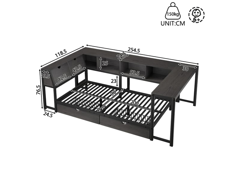  Lit simple 90x200 cm avec rangement et bureau, éclairage led en mdf et métal noir  - Conforama E