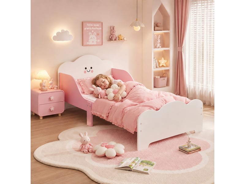 Lit enfant montessori 70 x 140 cm avec barrières hautes, panneau e1, rose, 3 à 6 ans - Conforama B