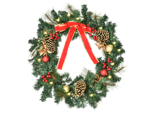 Couronne de noël artificielle lumineuse avec 20 led de 60 cm - décorée de houx et de pommes de pin
