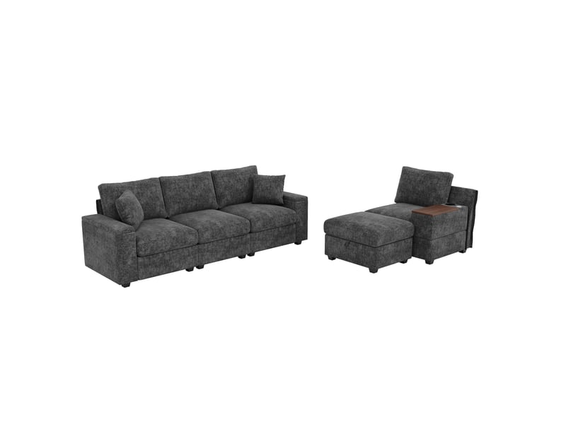  Canapé modulaire d'angle 313x147 cm – gris – ottoman, rangements et table pivotante usbtype-c  - Conforama A